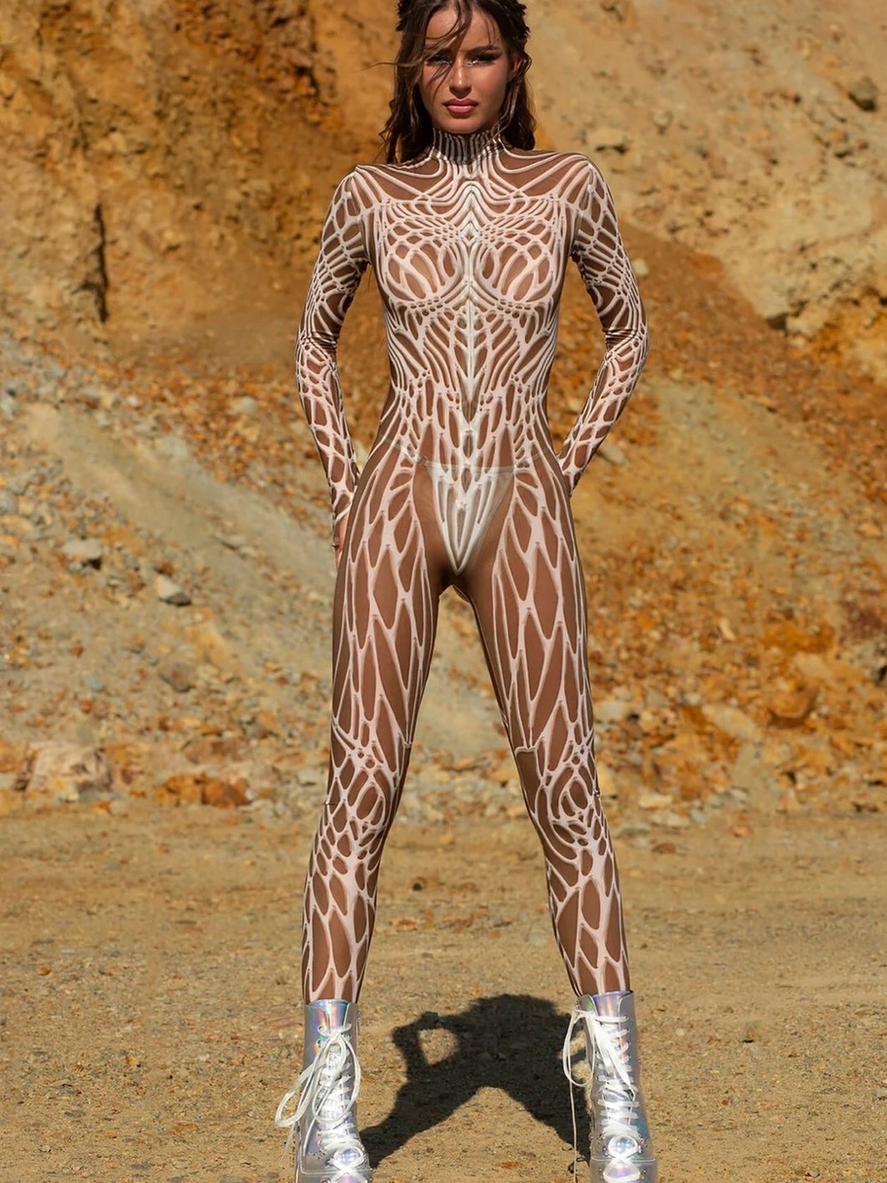 Dark bone mesh costume Sheer Brown Patterned Mesh Jumpsuit with High Neck